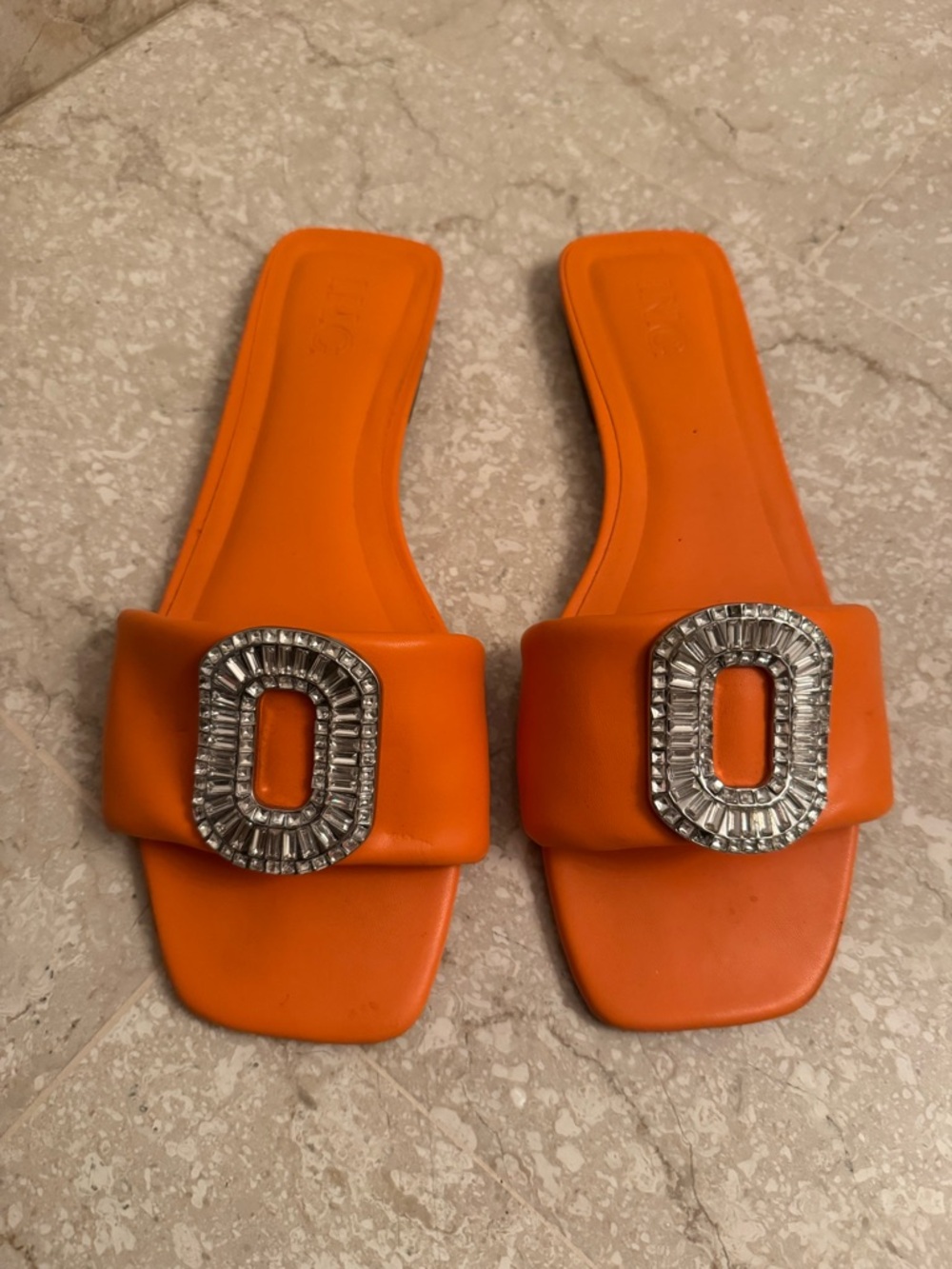 Women's Orange Slide Sandals with Crystal Buckle